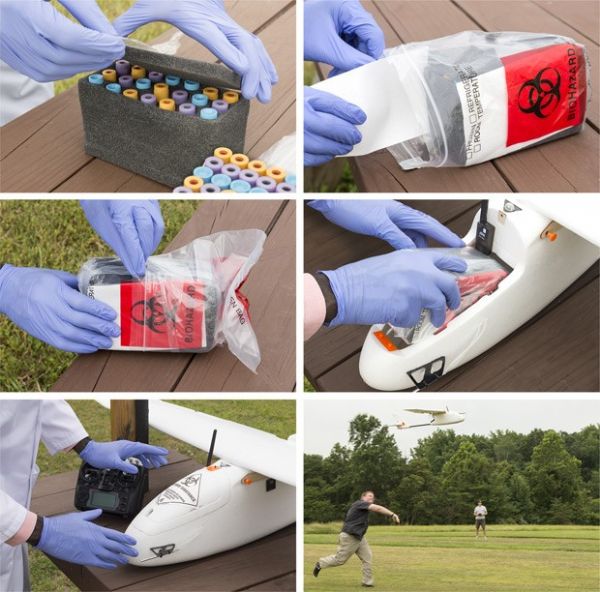Fotos mostram como especialistas embalam amostras de sangue para as acomodarem dentro do drone