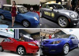 Dois pares de 'clones'em Xangai: acima, o Lifan 320 ( esquerda), que  a cara do Mini Cooper ( direita); abaixo, o chins Haima 3 (vermelho), igualzinho ao japons Mazda M3 (azul)
