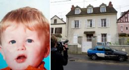 Imagem do menino Bastien, morto aos 3 anos de idade.  direita, cinegrafista filma a casa onde o crime teria ocorrido