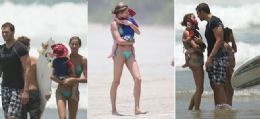 Gisele passeia com Tom Brady e enteado em praia na Costa Rica