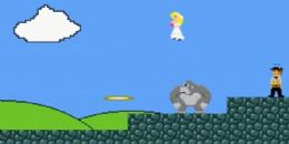 Tela do jogo mostra a noiva, Darina, tentando libertar o noivo, Niko, das garras de um gorila, para salvar seu casamento