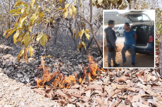 Homem  preso ateando fogo s margens do rio Coxip e obrigado apagar chamas;  vdeo 