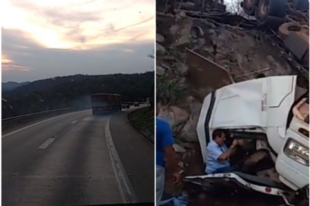 Sem freio, carreta tomba na Serra de So Vicente e motorista  socorrido em estado grave;  veja acidente