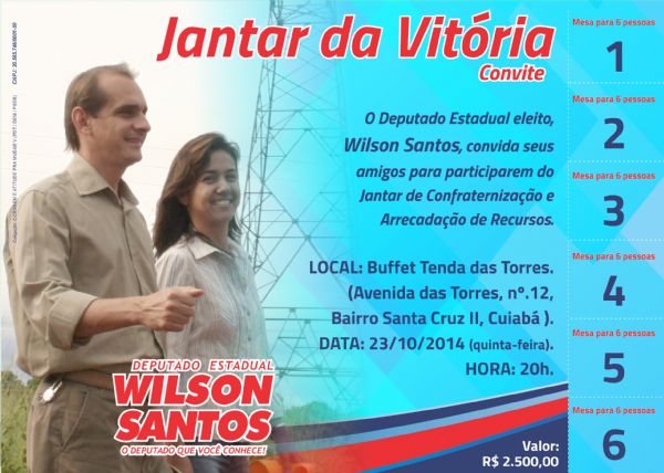 Wilson Santos promove jantar com mesa a R$ 2,5 mil para saldar parte de dvidas da campanha