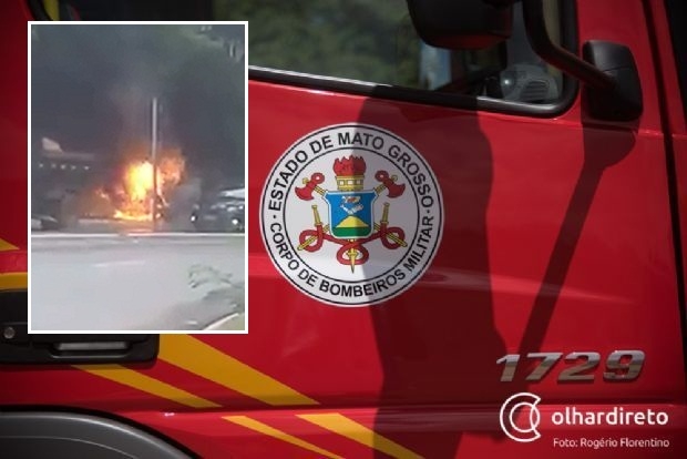Carro  consumido por fogo em avenida de Vrzea Grande;  veja vdeos 