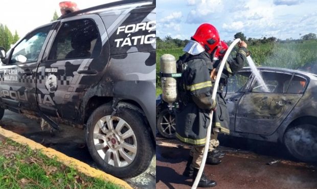 Carro de PM pega fogo e viatura da Fora Ttica  incendiada por criminosos;  fotos e vdeos 