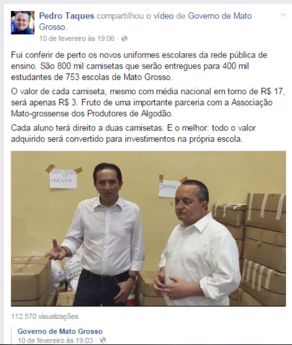 Pedro Taques e Permnio Pinto (Seduc) gravaram vdeo para mostrar uniformes escolares distribudos  gratuitamente