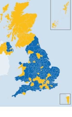 Regies em azul foram favorveis  sada do Reino Unido da Unio Europeia