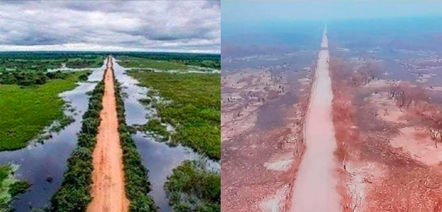 Imagens mostram 'antes e depois' das queimadas na Transpantaneira em Mato Grosso