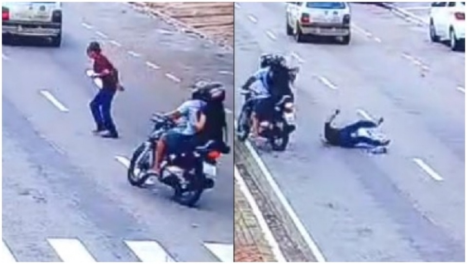 Homem  atropelado por motocicleta ao tentar atravessar avenida; veja vdeo