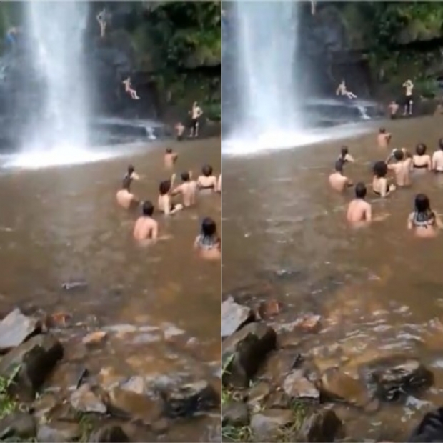 Garota despenca de cachoeira e bate com costas e cabea em pedra;  vdeo 
