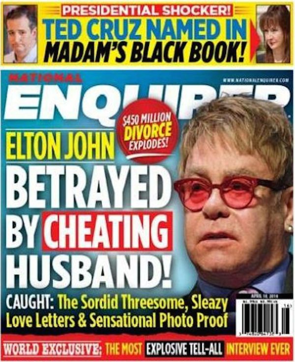 Segundo jornal americano, Elton John foi trado pelo marido, David Furnish