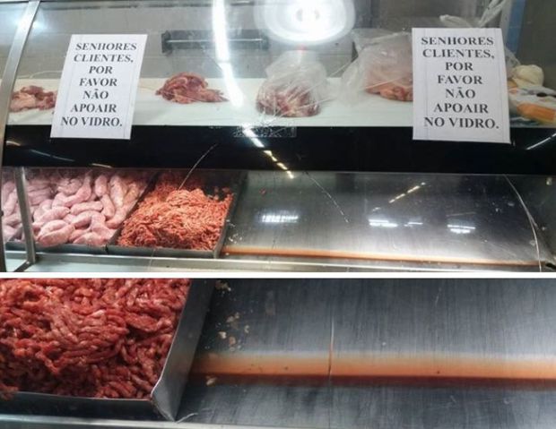 Cliente denuncia vitrine trincada e pedaos de vidro em expositor de carnes no Comper