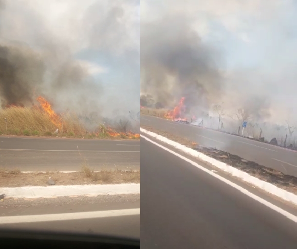 Incndio consome vegetao s margens da 'Estrada da Chapada' e assusta motoristas;  veja vdeos