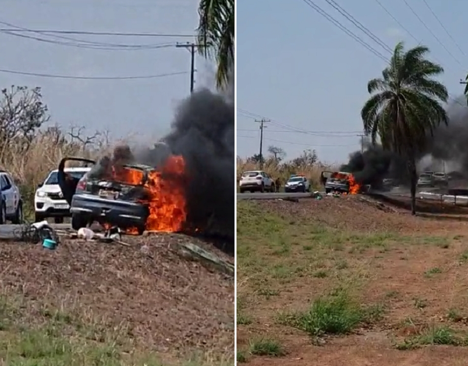 Carro com famlia em mudana fica completamente destrudo ao pegar fogo na 'Estrada de Chapada'; veja vdeos