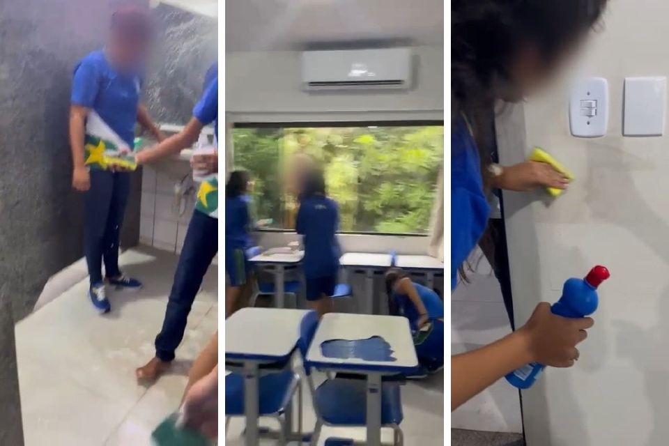 Vdeos mostram alunos limpando escola estadual; adolescente reclama: veja vdeo