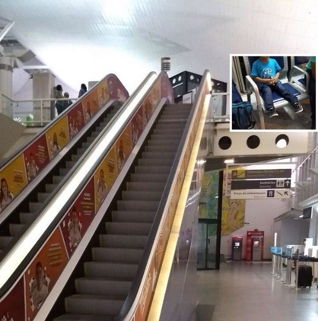 PMs salvam menino que ficou pendurado a altura de sete metros aps segurar em corrimo de escada rolante no aeroporto