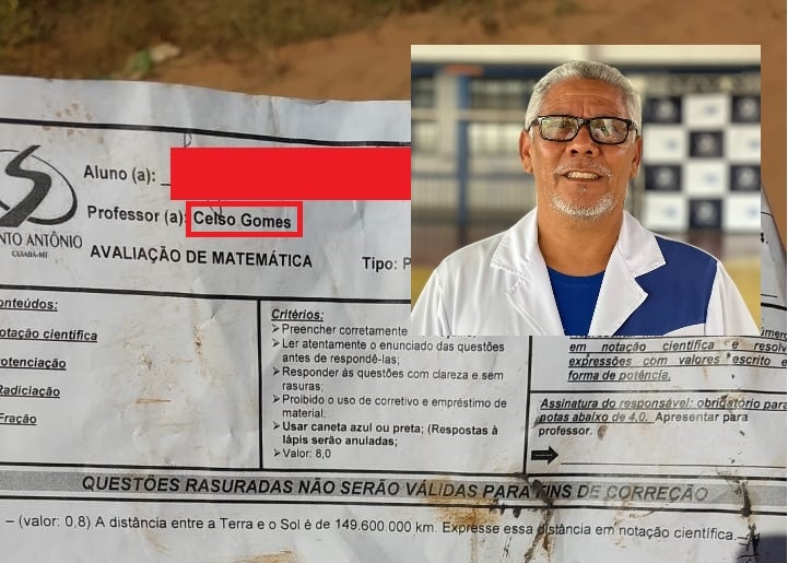 Imagem do professor Celso Gomes em destaque. Ao fundo, a prova encontrada com o nome dele