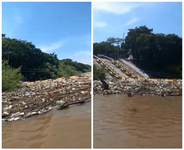 Vdeo flagra grande quantidade de lixo no Rio Cuiab; Balsa Ecolgica passa por manuteno