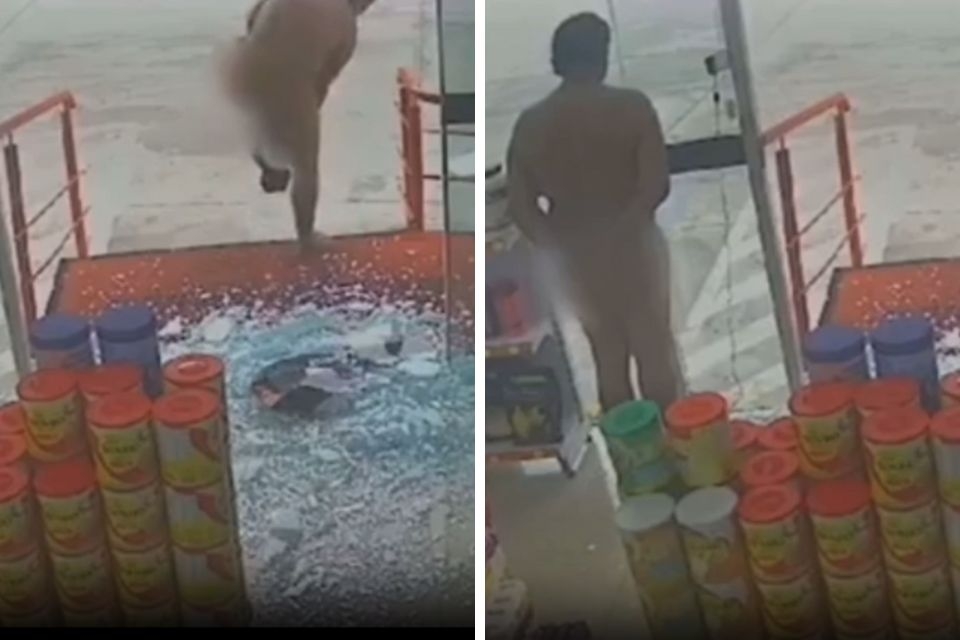 Homem quebra vidraça de farmácia e fica pelado para se pesar; veja vídeo
