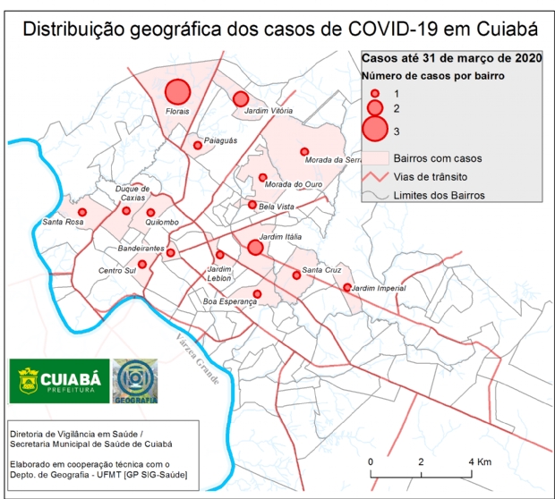 Mapeamento mostra 16 bairros de Cuiab com casos de Covid-19; crescimento dirio de 25%