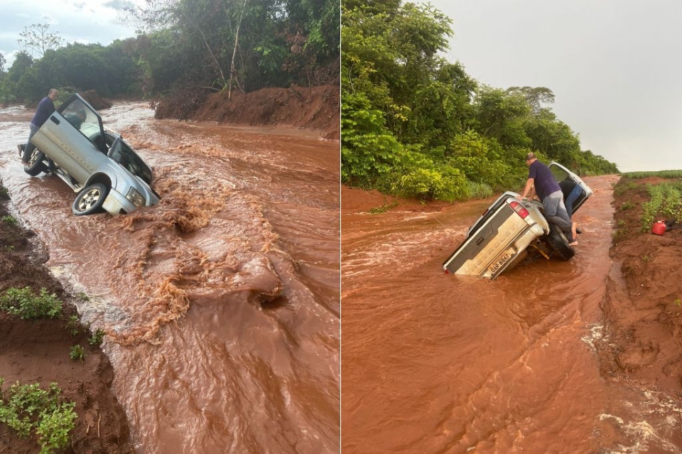 Fortes chuvas causam atoleiro e deixam 'rio' em estrada rural, causando tombamento de veculos
