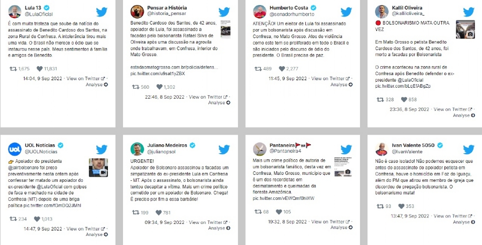 Tweets sobre caso assassinato de lulista em Confresa tiveram pico s 14h e post de ex-presidente foi o mais republicado