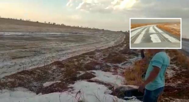 Chuva de granizo cobre estrada e campos de gelo em Mato Grosso;  veja 