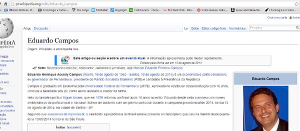 Wikipedia publica morte de Eduardo Campos antes de confirmao oficial