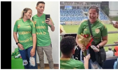 Apaixonados por futebol, casal sela unio com pedido de casamento na Arena Pantanal durante jogo do Cuiab